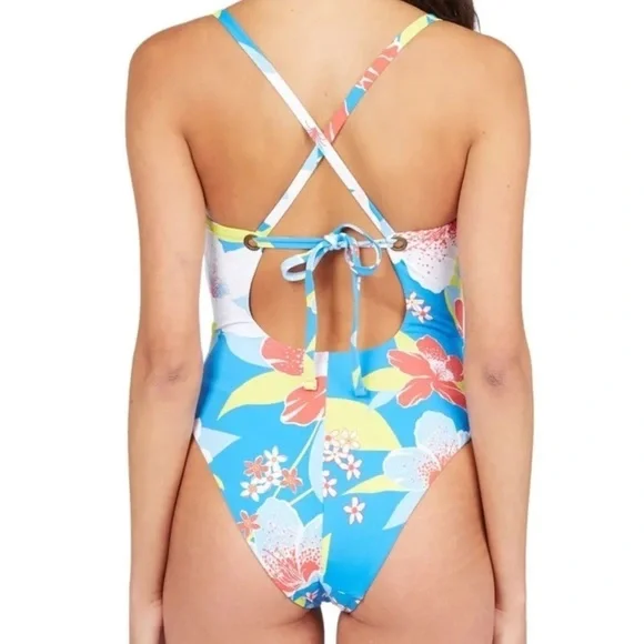ROXY Women's Blue Removable Cups Tie She Just Shines One Piece Swimsuit - Picture 2 of 4